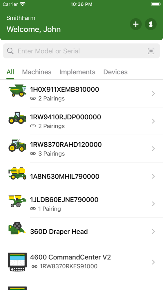 John Deere Equipment Mobile — the account shell: organization, profile, and navigation shared across apps