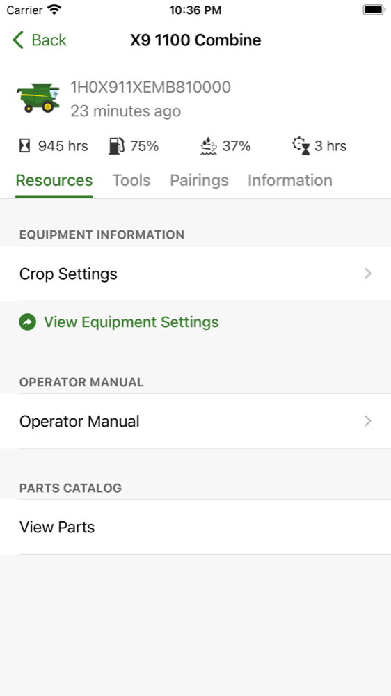 John Deere Equipment Mobile — equipment detail with consistent tab navigation and content sections