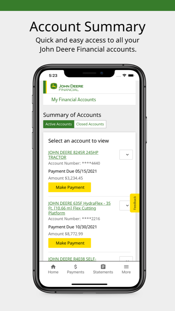 John Deere Financial — account summary, the same account system in the financial app