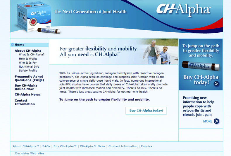 CH-Alpha, a joint-health supplement site ('The Next Generation of Joint Health') with a left nav (How It Works, Nutritional Info, Safety Profile, FAQs), a hero photo of an active older couple, and 'Buy CH-Alpha today' calls to action.