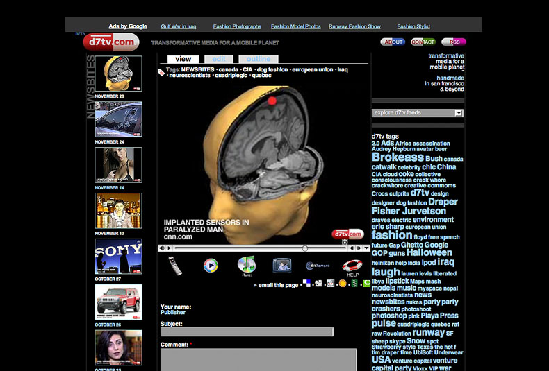 d7tv.com, a dark-themed online-video site: an embedded video player showing a brain-scan segment, a dated left column of post thumbnails, per-post comment fields, and a right-hand tag cloud, with 'view / edit / outline' CMS node tabs above the content.