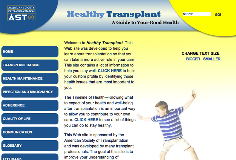 Healthy Transplant, a patient-education site for the American Society of Transplantation, with a blue vertical nav (Transplant Basics, Health Maintenance, Adherence, Quality of Life) and a text-resize accessibility control.