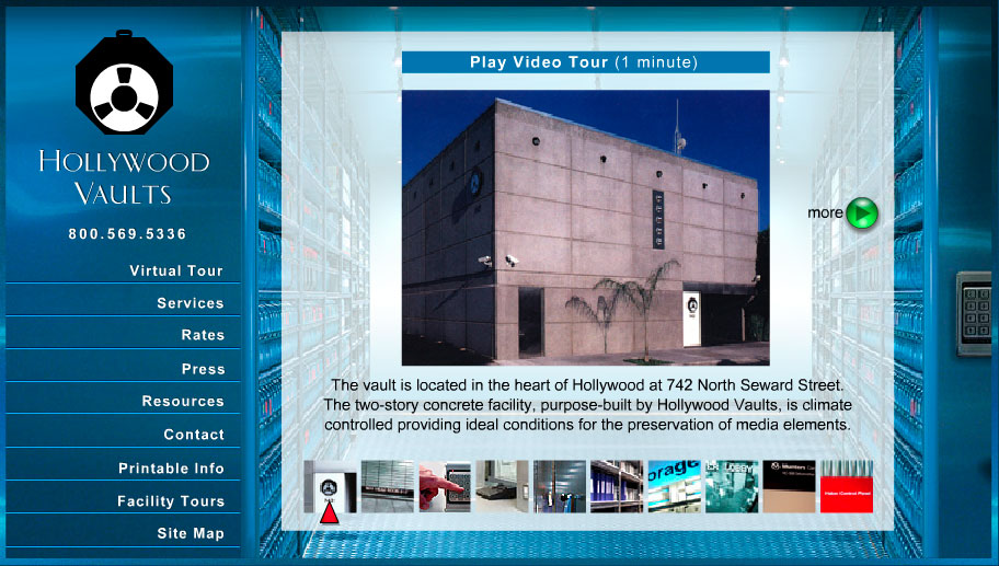 Hollywood Vaults, a media-storage facility site with a right-aligned nav (Virtual Tour, Services, Rates, Facility Tours), a video-tour panel showing the concrete building, and a filmstrip of interior thumbnails.