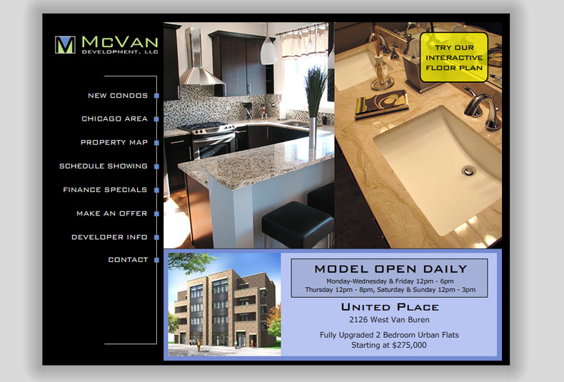 McVan Development, a Chicago condo-developer site with a left nav (New Condos, Property Map, Schedule Showing, Finance Specials), granite-kitchen and bath photography, and a 'Model Open Daily' listing panel.