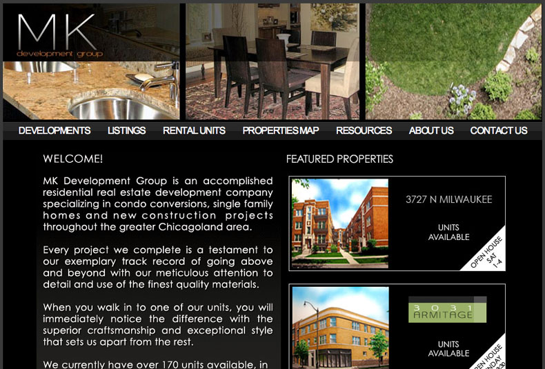 MK Development Group, a Chicagoland residential-developer site with a top photo band, a horizontal nav (Developments, Listings, Rental Units, Properties Map), a welcome message, and featured-property cards with 'Open House' ribbons.