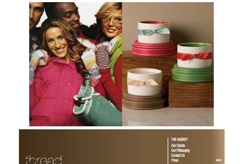 Thread, a creative-agency site, lifestyle and product photography above a brown nav band (The Agency, Our Clients, Our Philosophy, Press) and a lowercase 'thread' wordmark.
