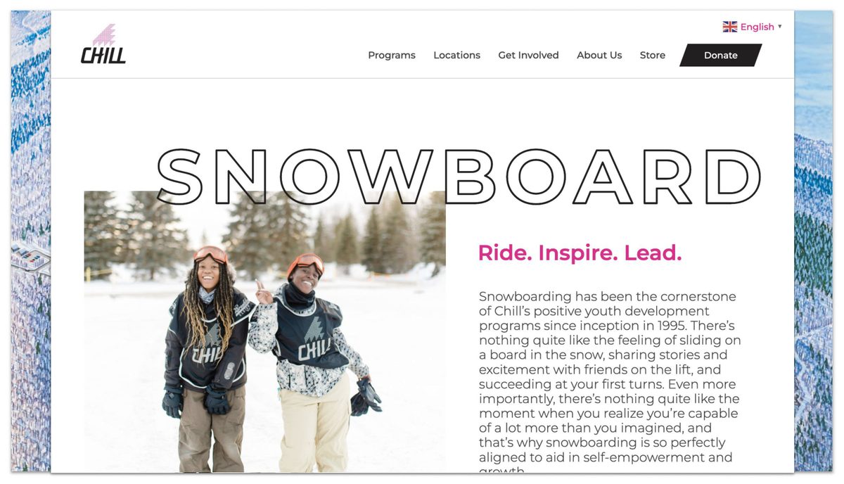 The Burton Chill Foundation site, with two young snowboarders in Chill bibs and the line 'Ride. Inspire. Lead.'