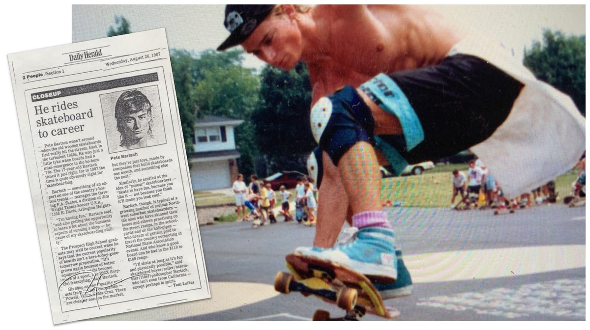 A 1987 Daily Herald clipping headlined 'He rides skateboard to career' beside a photo of a teenage Peter Bartsch skating a bank in front of a crowd.