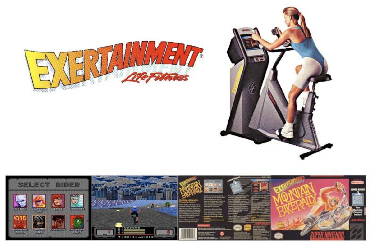 The Exertainment logo, a Life Fitness exercise bike wired to a Super Nintendo, and SNES game screens including a Mountain Bike Rally select screen and box art.