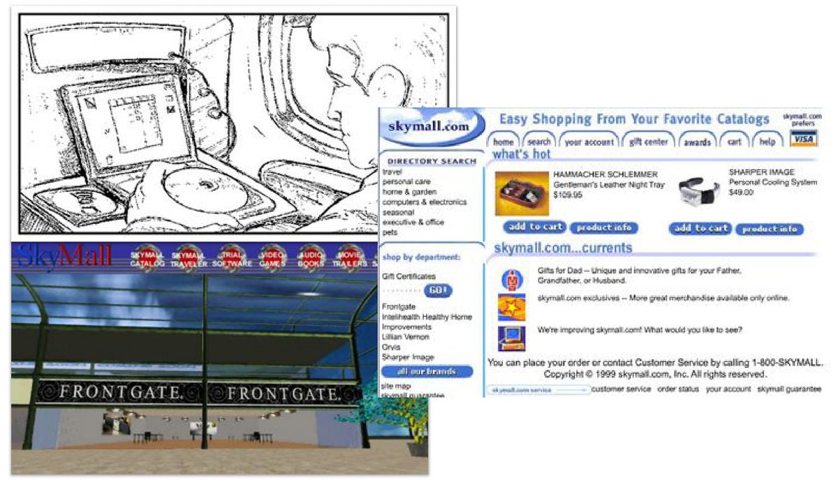 A concept sketch of a passenger using a DVD-ROM in an airplane seat, the 1999 skymall.com storefront, and a 3D-rendered Frontgate store.