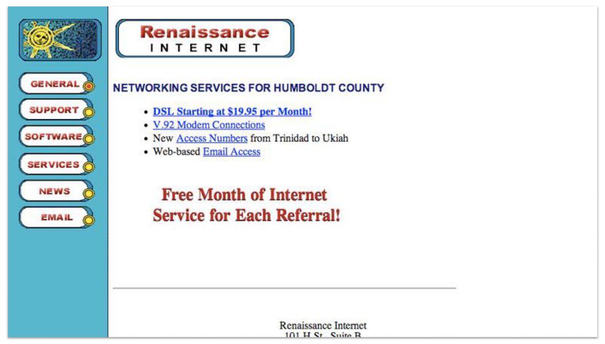 A late-1990s client website, Renaissance Internet, with a blue sidebar nav and a 'Networking Services for Humboldt County' DSL offer, built and hosted by tronicmedia.