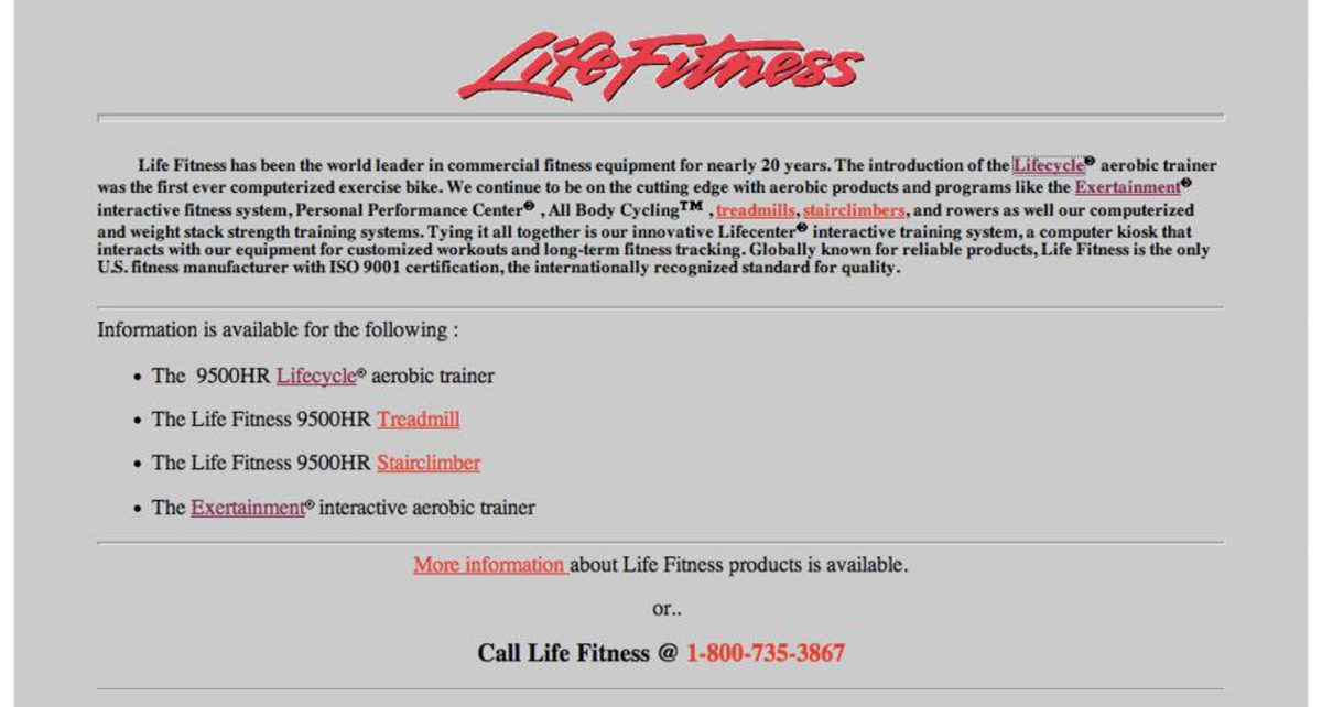The first lifefitness.com website, a mid-90s HTML page with the Life Fitness logo and links to the Lifecycle, treadmill, stairclimber, and Exertainment products.