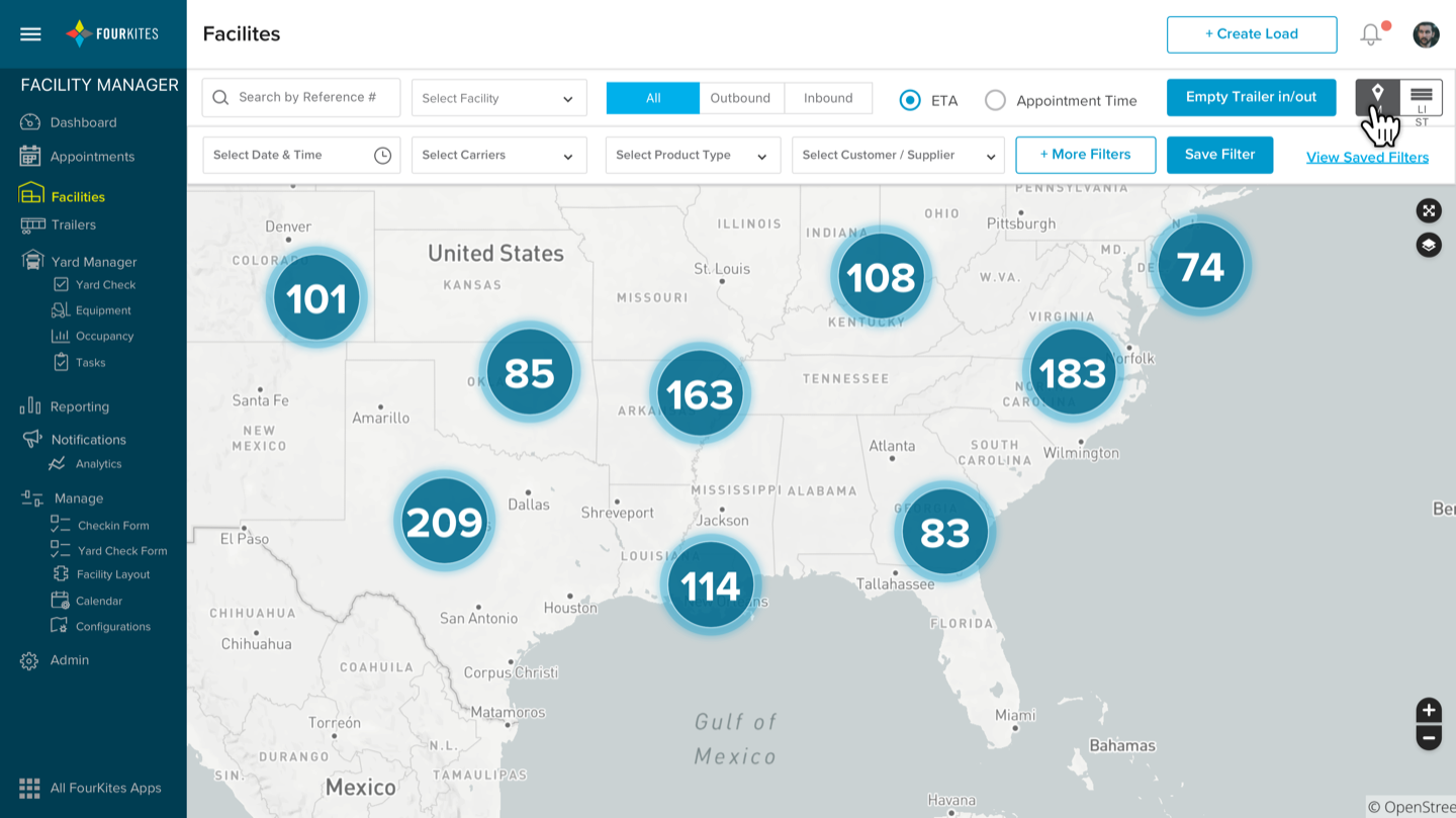 FourKites facilities map showing live load counts per facility across the US
