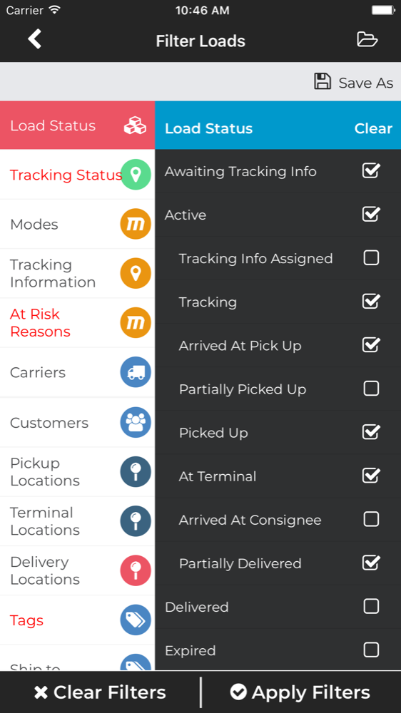 FourKites — load status filters and progressive disclosure