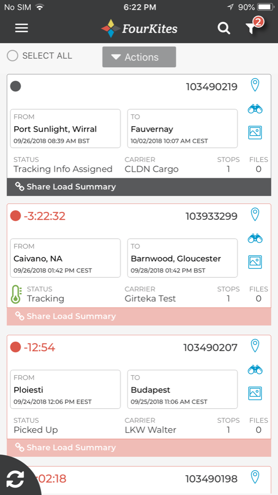 FourKites — dense, exception-led load list with late-load countdowns