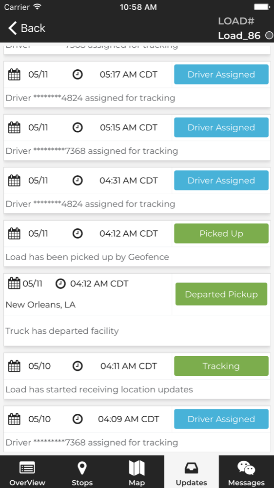 FourKites — chronological load event timeline