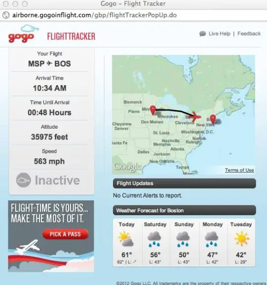 Gogo Flight Tracker — flight progress map with route, position, and estimated arrival