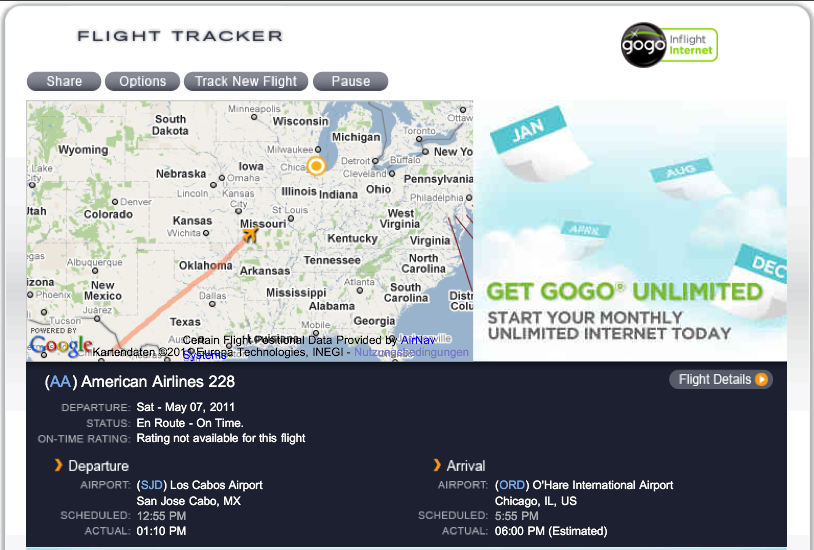 Gogo in-flight Flight Tracker — a map showing American Airlines flight 228 from Los Cabos to Chicago O'Hare with departure, arrival, and estimated times, plus a Gogo sponsorship ad