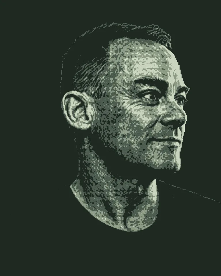 Peter Bartsch, Principal Product Designer, portrait in 1980s terminal style