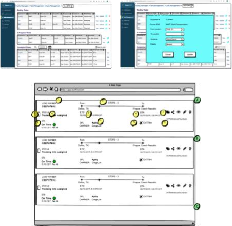 Annotated FourKites wireframes with lettered callouts marking interaction decisions