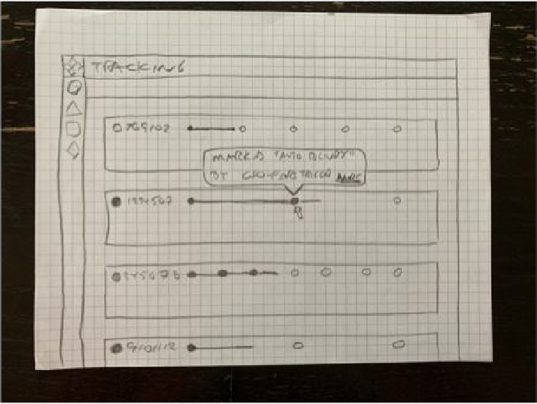 Hand-drawn pencil sketch on graph paper exploring how a tracking row displays journeys with different numbers of steps per transit mode