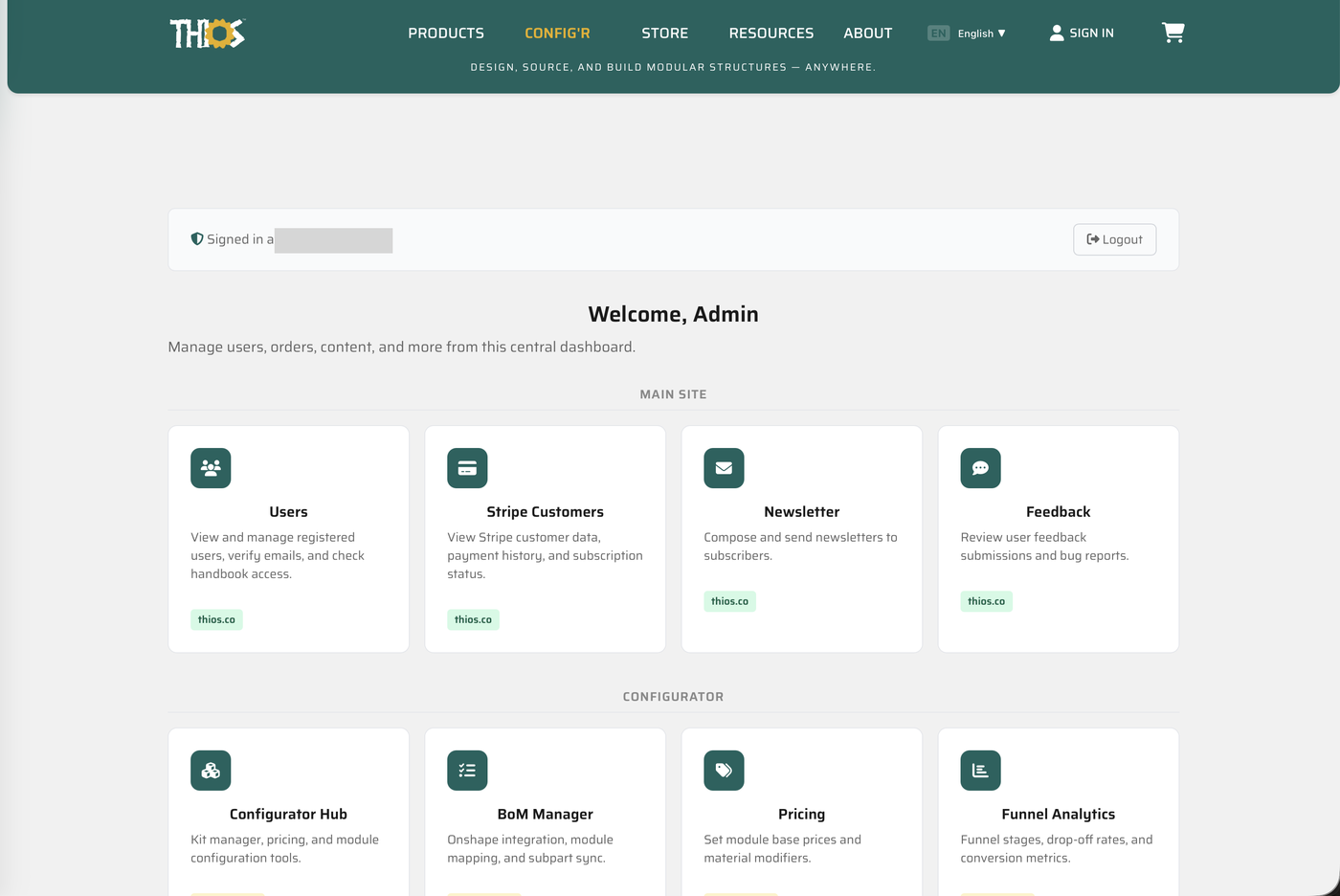 Thios admin hub — a single signed-in session listing the main-site and configurator admin tools, each card tagged with the site it belongs to