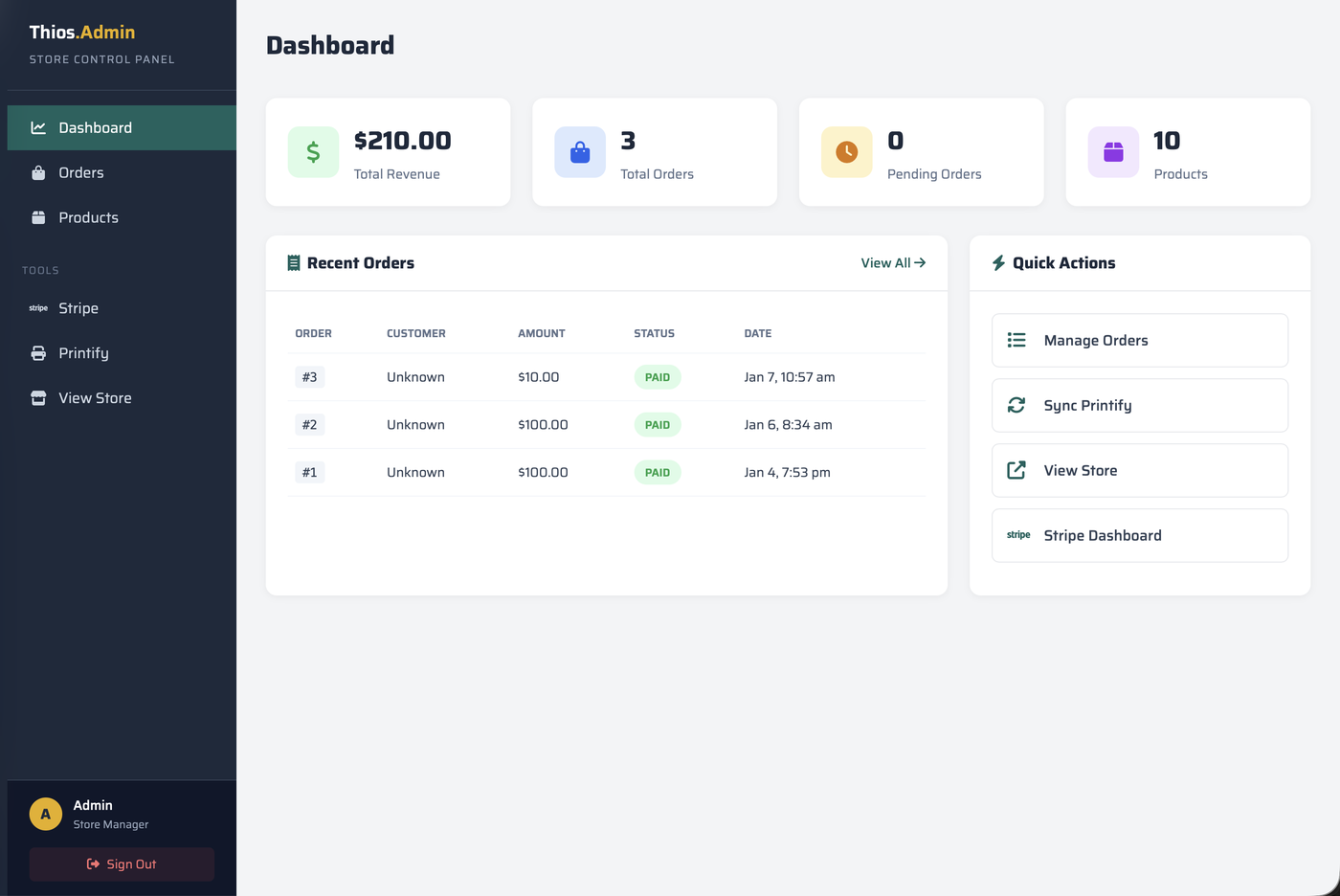 Thios store admin dashboard — revenue and order totals, a recent-orders table, and Stripe and Printify listed as tools in the sidebar