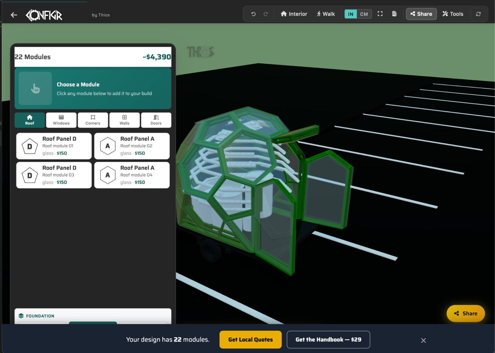 Thios configurator: a 22-module geodesic dome priced at $4,390, with module picker on the left and Get Local Quotes / Get the Handbook handoffs along the bottom