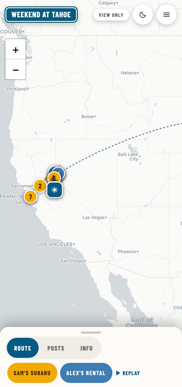this trip, btw, a shared trip map titled 'Weekend at Tahoe' with a route line across the western US, numbered stops, a view-only shared link, and a route/posts/info tab bar